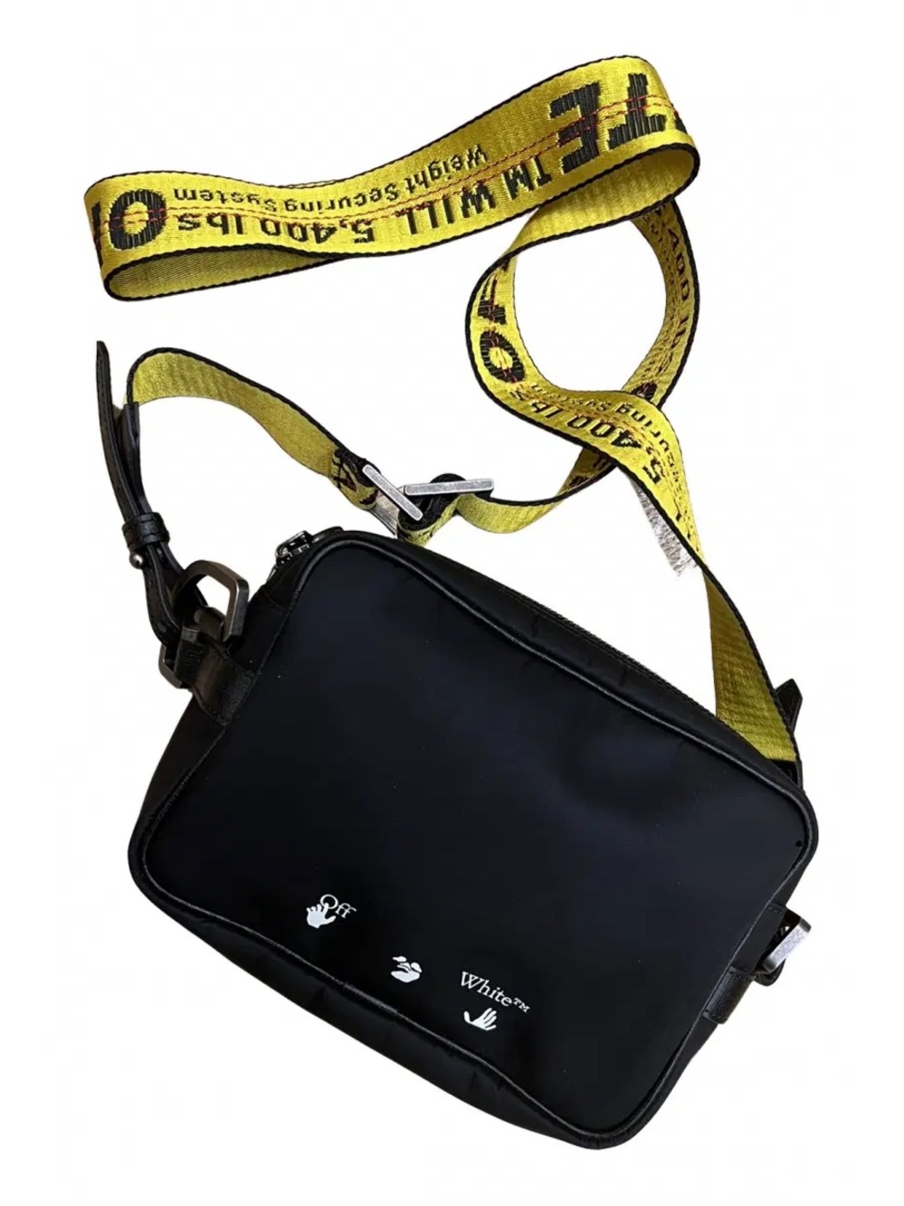 Off-White Black Crossbody Messenger Bag with Yellow Industrial Strap